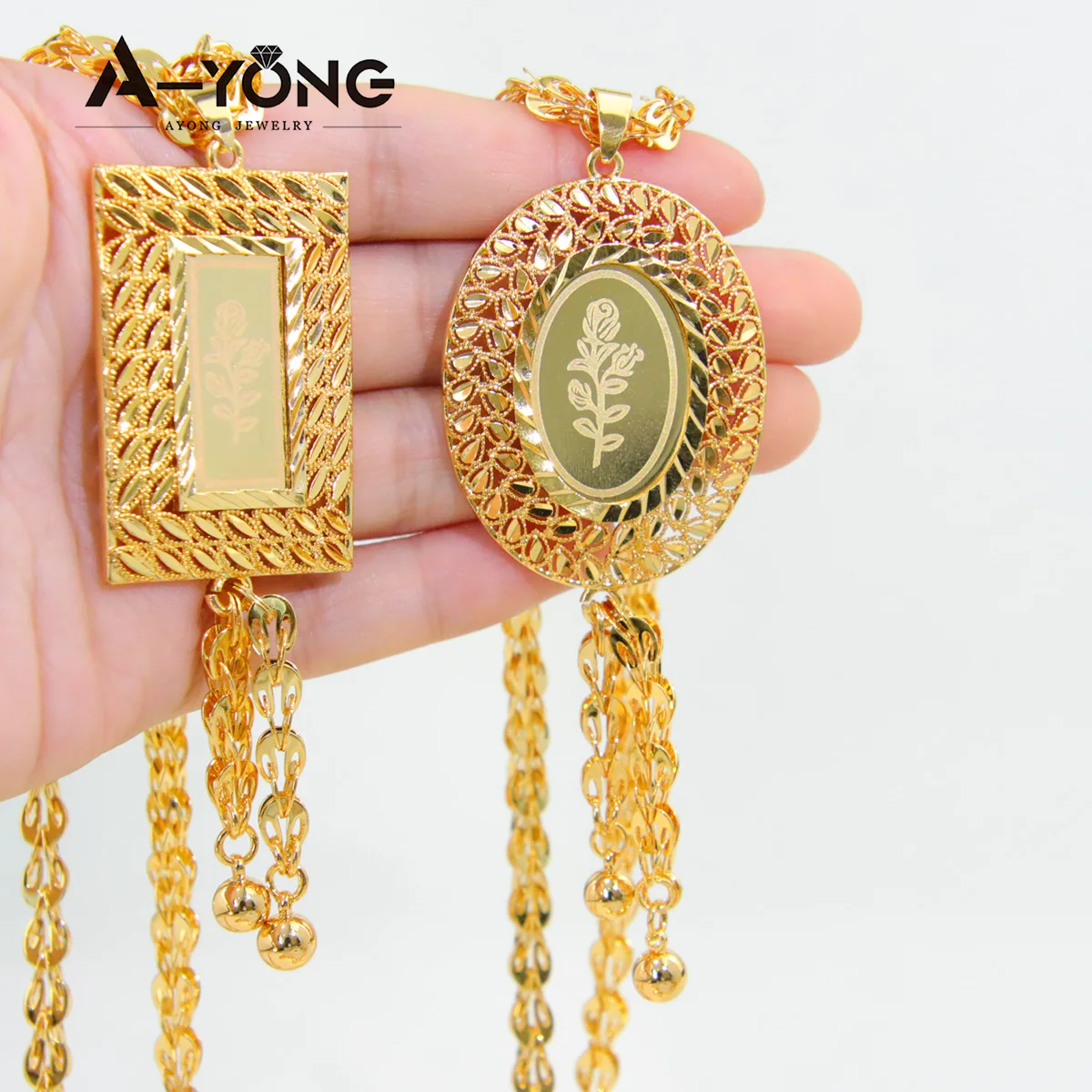 Saudi Islamische Gold Farbe Halskette 21k Gold Überzogene Mode Oval Quadratischen Blume Anhänger Nigeria Frauen Luxus Hochzeit Schmuck – Detail 4