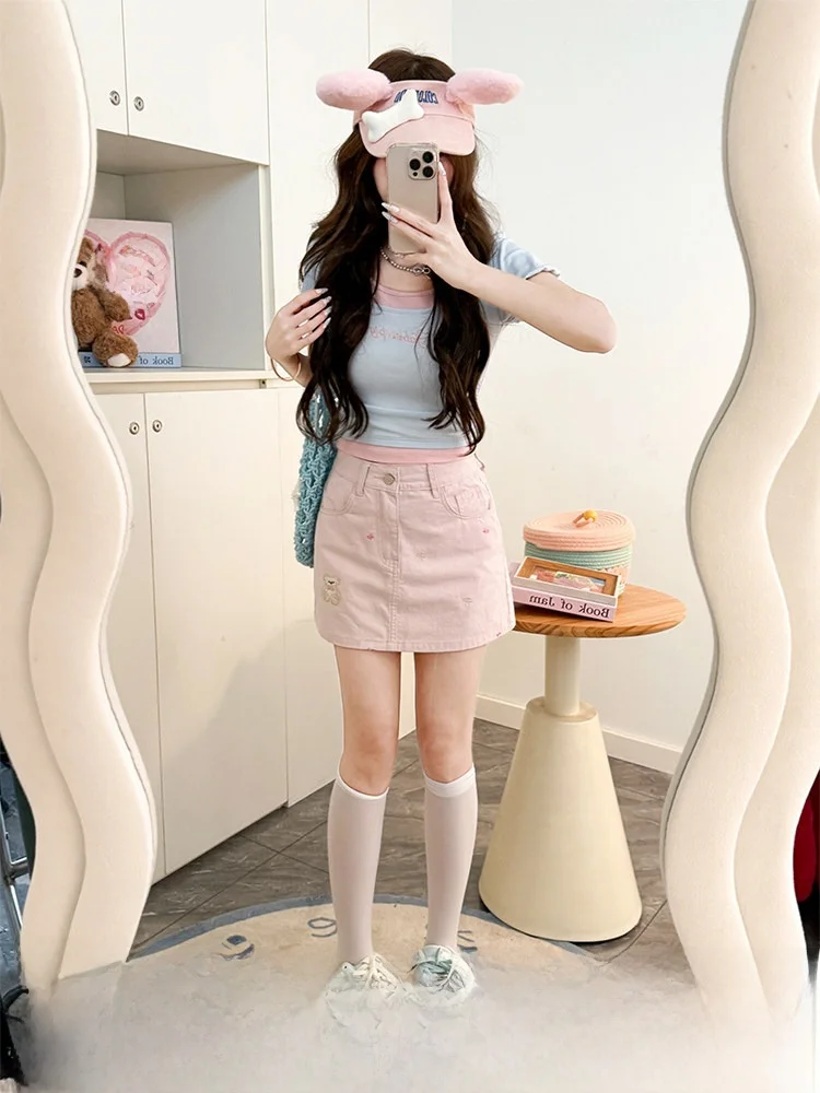 Sweet Style Bear Print Short Sleeve T-Shirt Women's Slim Fit Summer Top Hanging Neck Design Fabric Pig Brand Girl's Clothing