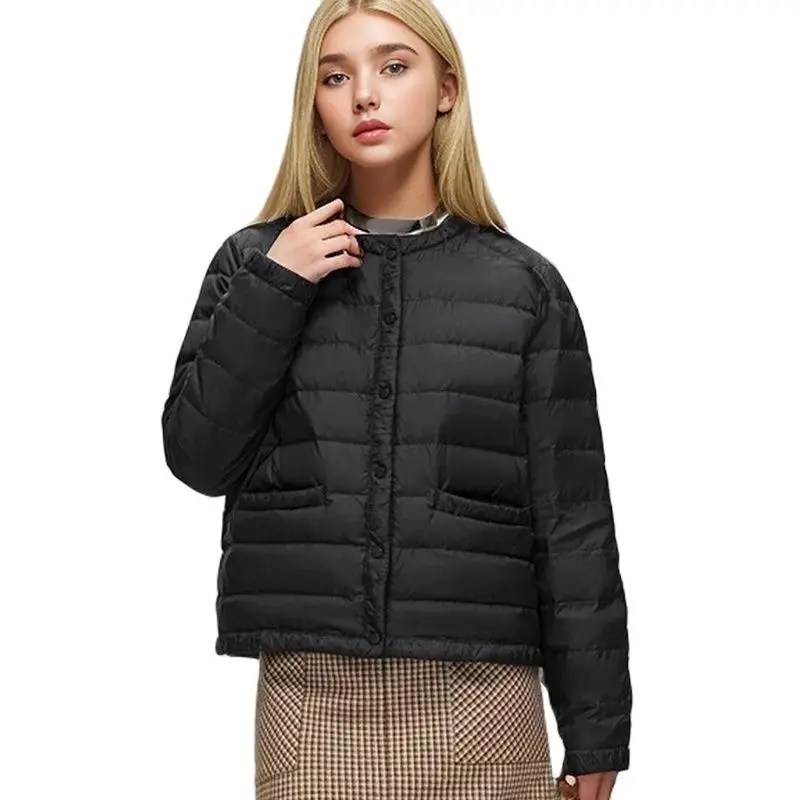 Women\'s light down black white round neck pocket pleated long sleeved thin down jacket for spring and autumn outerwear and inner