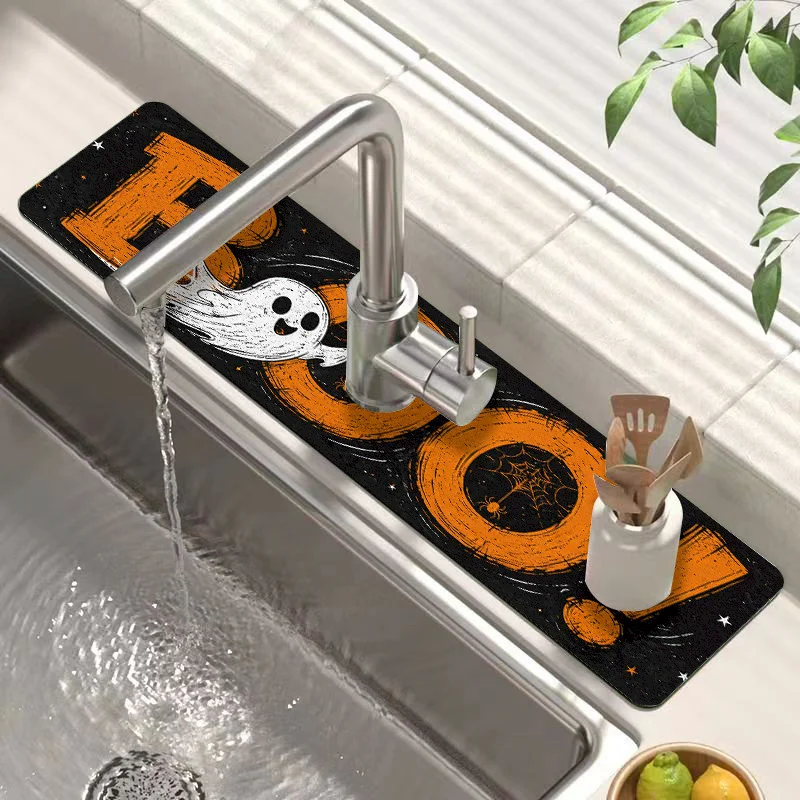 VIKAMA Halloween Boo! Printed Faucet Pad, Kitchen Absorbent Anti Slip Pad, Holiday Atmosphere Pad, Home Decoration