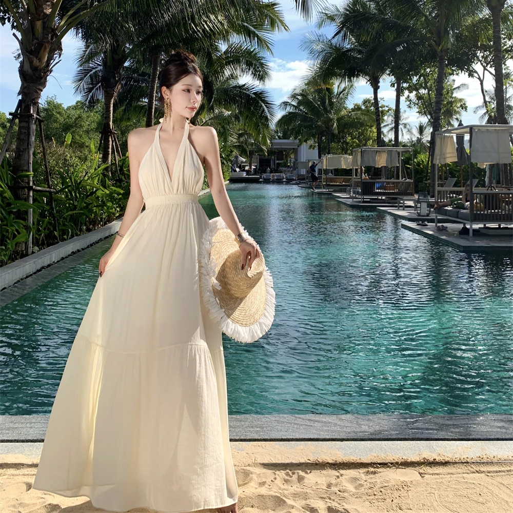 

Элегантное летнее платье в пляжном стиле с завязками на шее, без рукавов, с завышенной талией, А-силуэт, из хлопка, новинка сезона