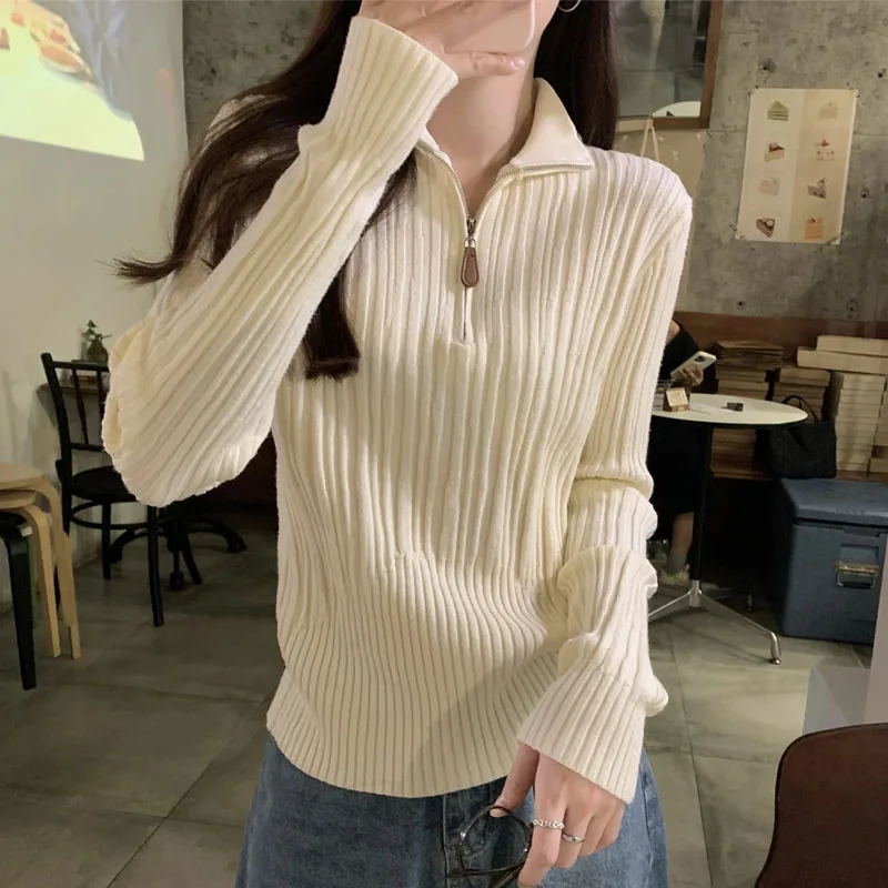 

Fashion Long Sleeve Knitted Sweater Women Pullovers Mock Neck White Black Knit Sweater Pullover Women Tops Sueter Feminino Q3360