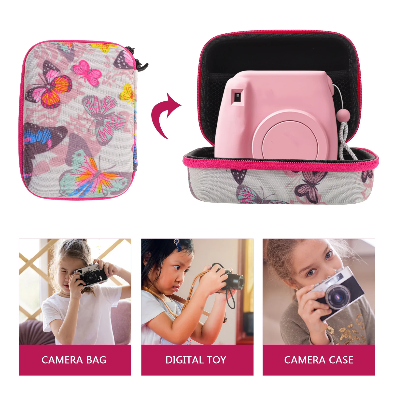 Kids Camera Case Camera Carrying Case Travel Camera Bag Holder with Closure White butterfly print 15 grid rose red zipper bag