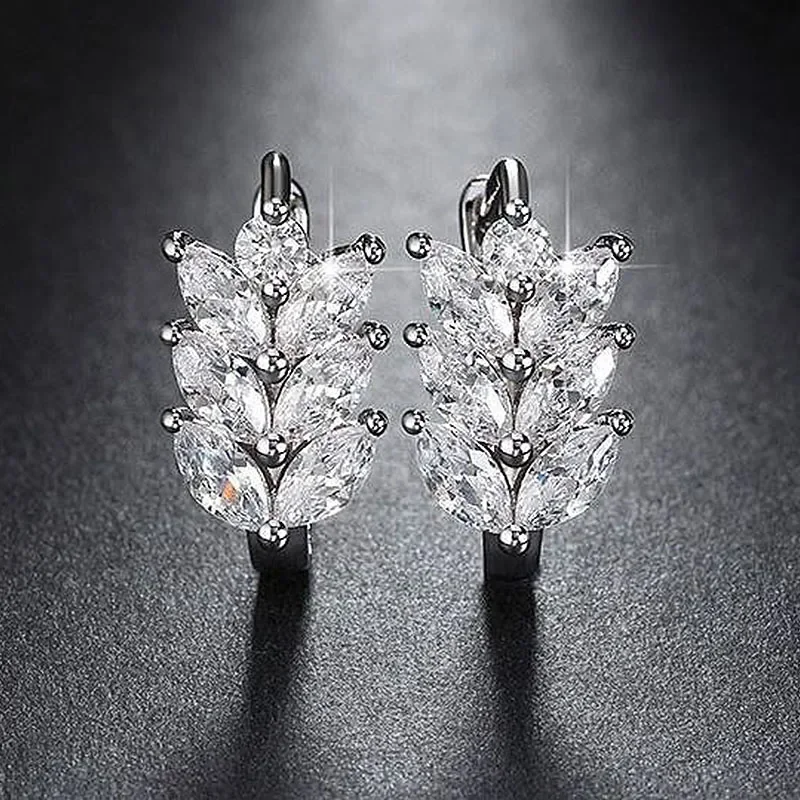 Huitan Leaf Shape Hoop Earrings Women with Marquise White Cubic Zirconia Fashion Contracted Small Circle  Trendy Jewelry