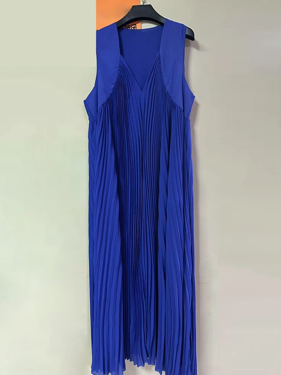 GALCAUR 솔리드 루즈 스플 라이스 폴드 미니멀리즘 드레스 여성용 V 넥 민소매 패치 워크 쉬어 우아한 드레스 여성 의류