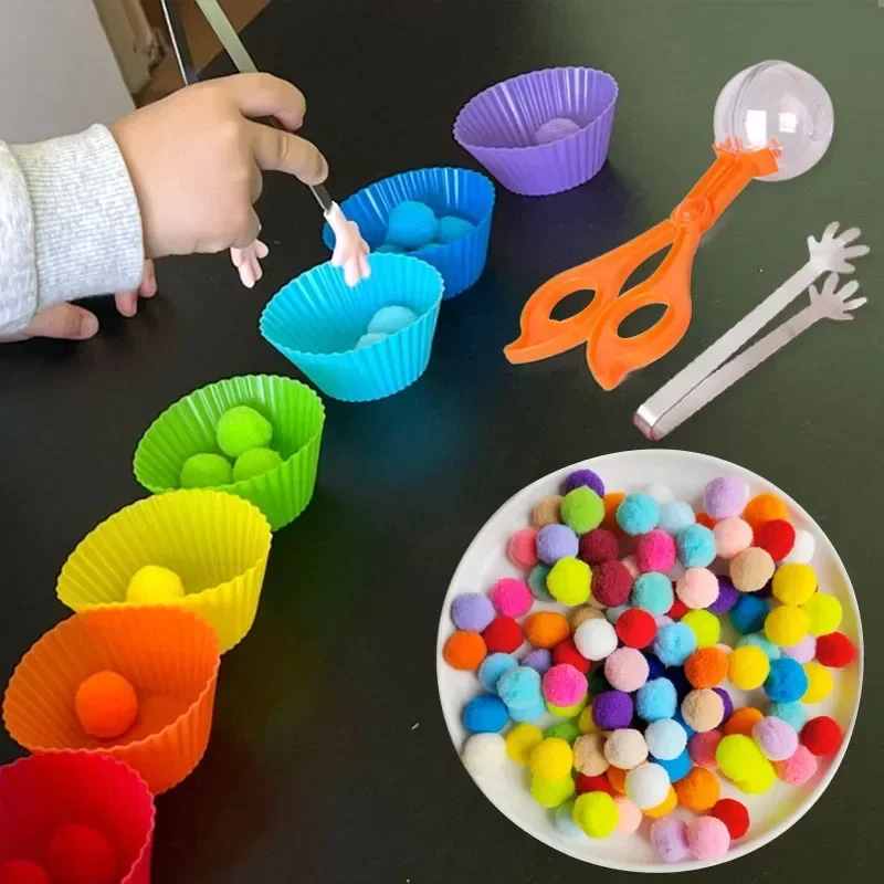 Children's Fine Motor Skill Matching Montessori Early Education Toy Game Learning Counting Toy Colorful Plush Ball Sorting Games