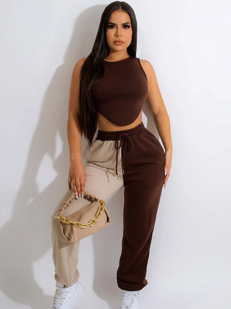 

Color Patchwork Two Piece Set Women Outfits Tracksuit Backless Sleeveless Crop Top and Drawstring Sweatpants Sporty Joggers Suit