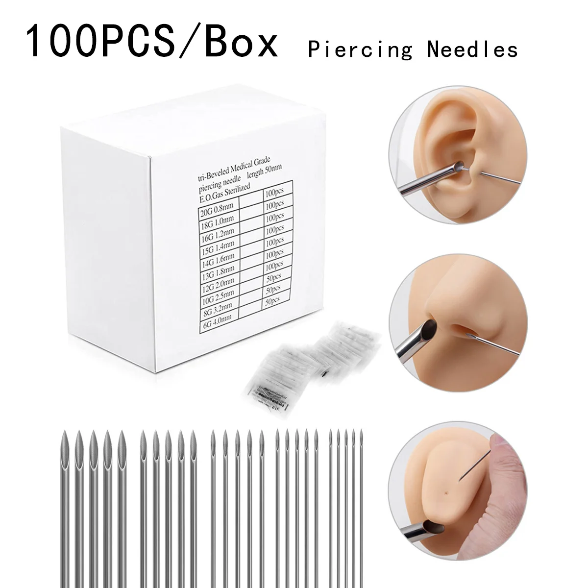 100pcs/Box Disposable Piercing Needles Body Jewelry Tool Needle for Nose Ear Lip Tongue Eyebrow Belly Piercing