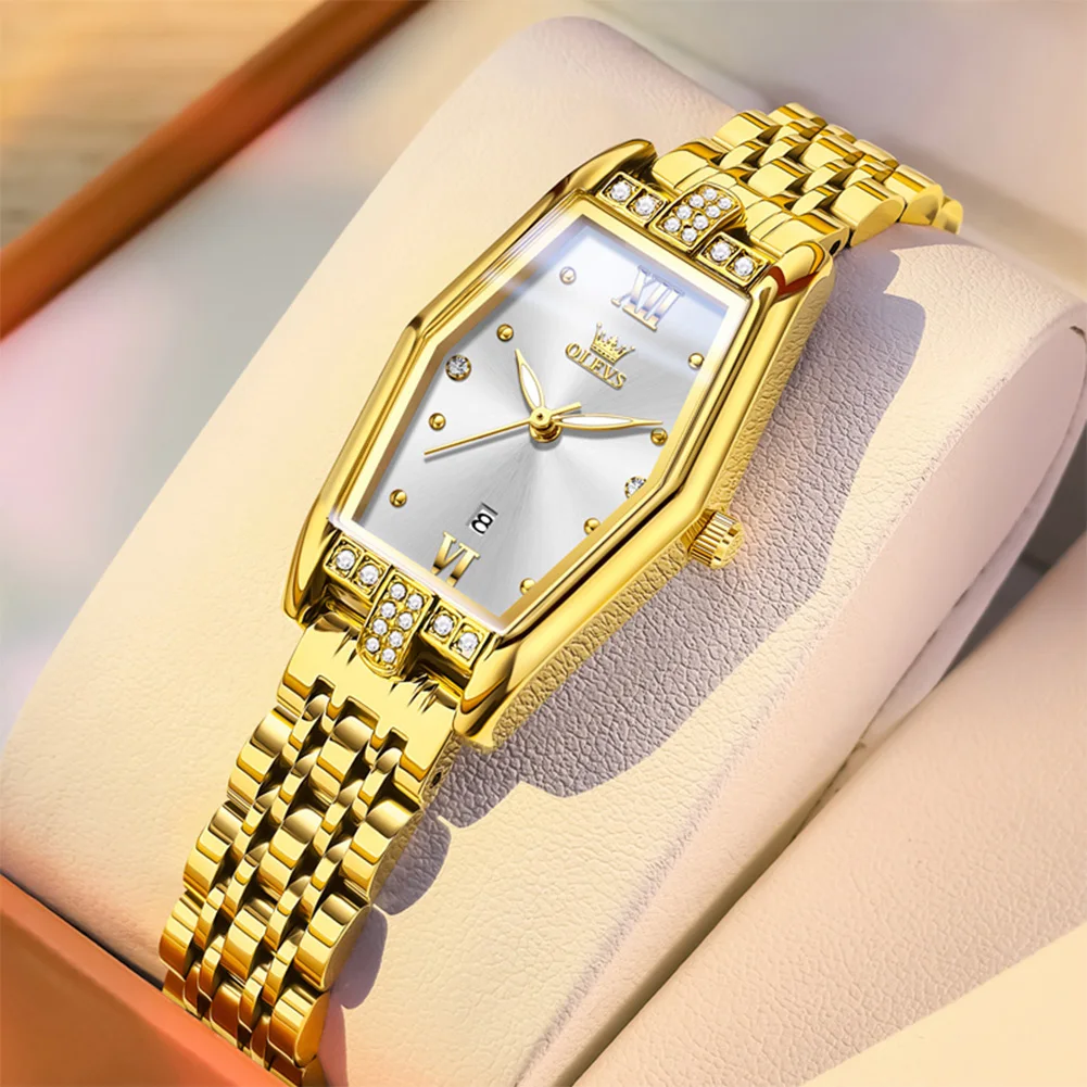 

OLEVS золотисто-белые женские часы, стальные роскошные женские водонепроницаемые наручные часы, оригинальные кварцевые часы с бриллиантами для женщин, новинка