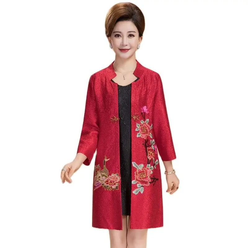 Spring Chinese Traditional Style Female Elegant Tang suits Tops Manual Button Embroidery Mandarin Collar Long Jacket For Women