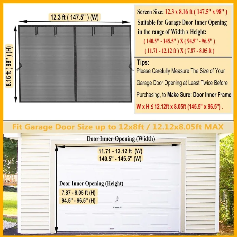 Garage Door Screen for 1 Car 12x8FT with Retractable Fiberglass Net & Heavy Duty Weighted Bottom, Hands Free, Easy Assembly