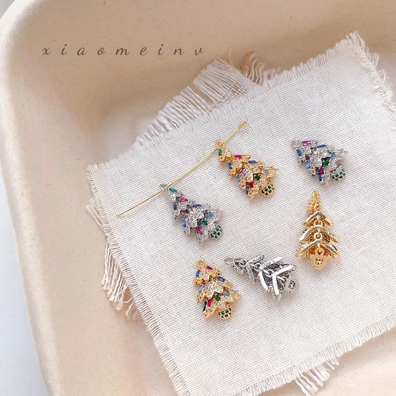 

2pcs Copper-plated Color Christmas Tree Zirconium-inlaid Festival Diy Handmade Pendant Decorative Accessory Charms