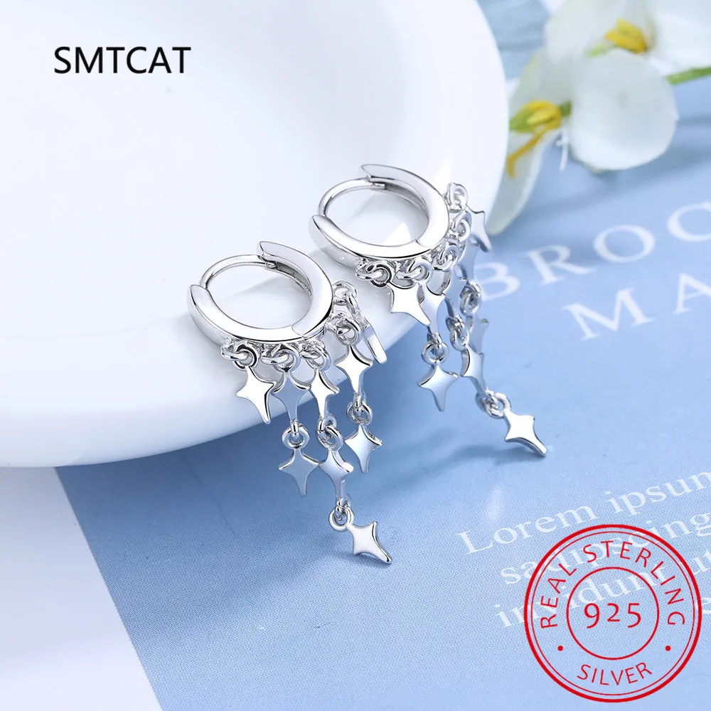 Real 925 Sterling Silver Lightning Star Long Tassel Hoop Earrings For Women Mother's Day Jewelry Creole Huggies DA3139 - view 3