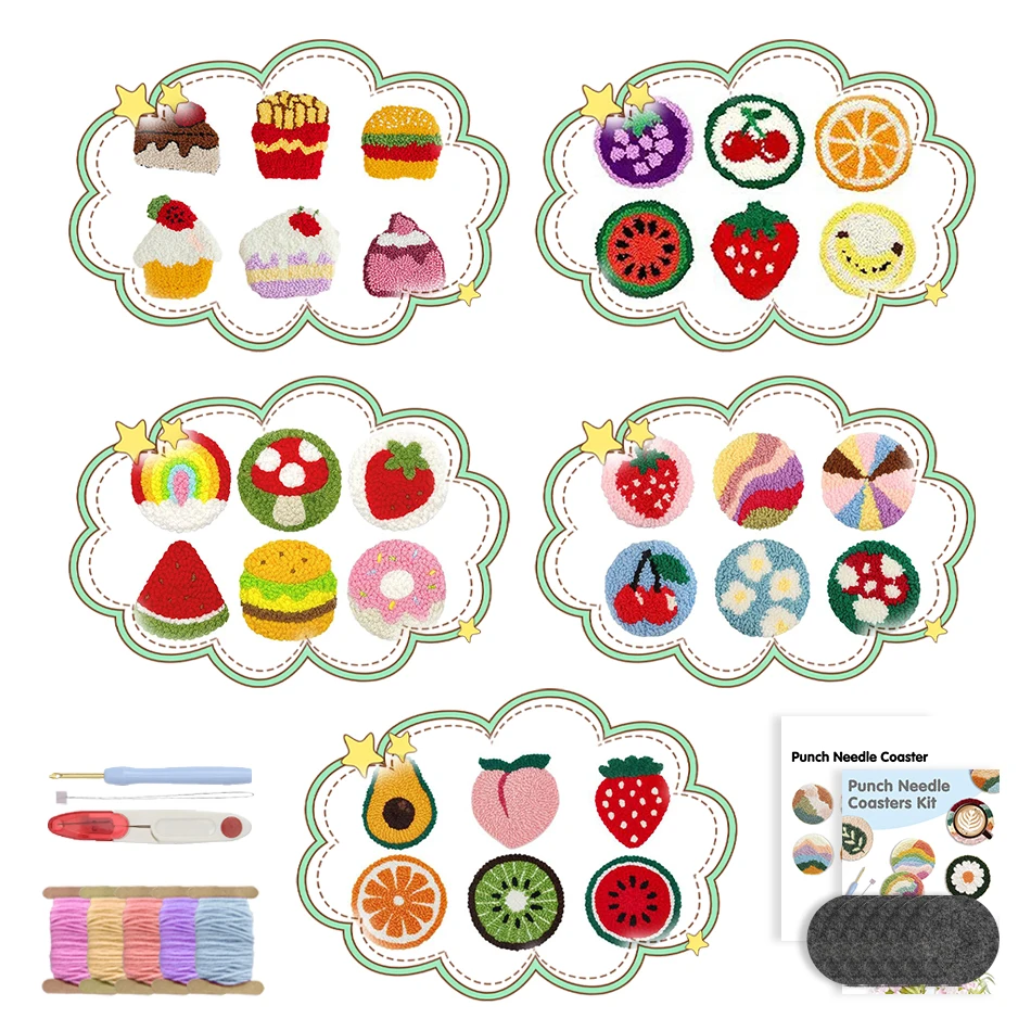 

GATYZTORY Punch Needle Coaster Kit Cute food Cup Coaster Diy Arts Crafts 6pcs Embroidered Kit Mat Kitchen Home Accessories Gift