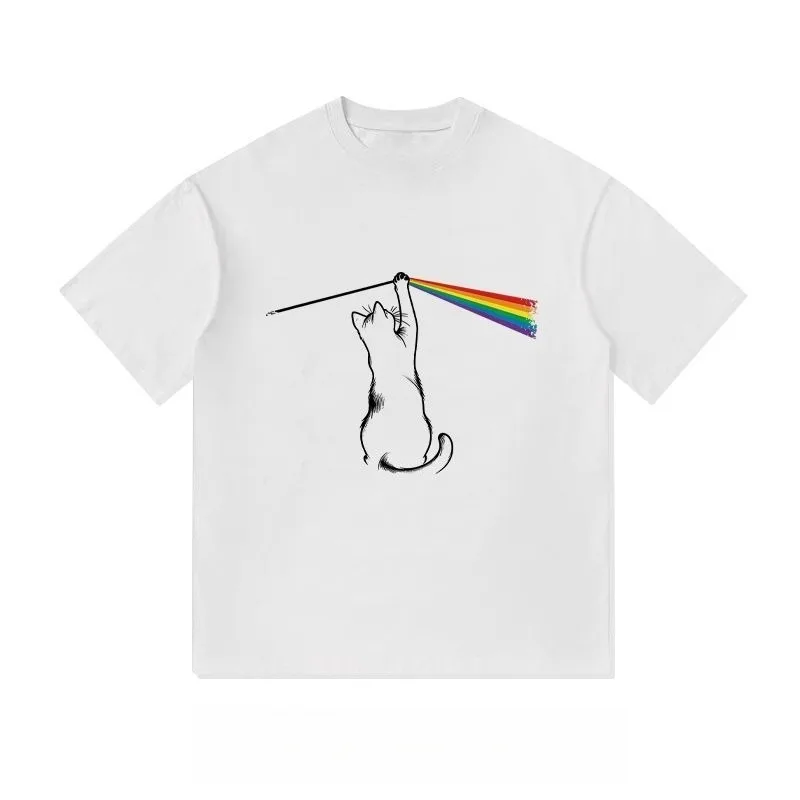 

Дышащая быстросохнущая свободная удобная повседневная повседневная футболка с круглым вырезом и короткими рукавами с 3D принтом кота и радуги