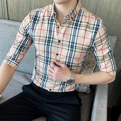 Summer men's shirt business casual shopping plaid shirt seven-point sleeve Korean version of the trend handsome men's shirt