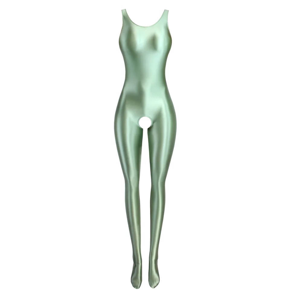 بدلة نسائية مثيرة لامعة بدون أكمام مفتوحة المنشعب قطعة واحدة سراويل رياضية لامعة زيتية صدرية بدلة رومبير