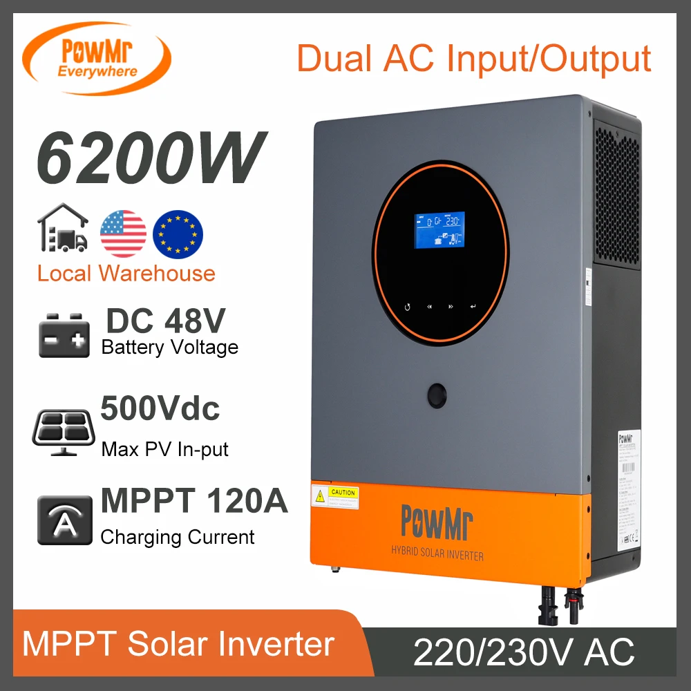 Hybrydowy falownik PowMr 48V 6200W i 120A MPPT Solar Charge Controller 230Vac Max Solar PV Input 500V Dual Output Support Lifepo4