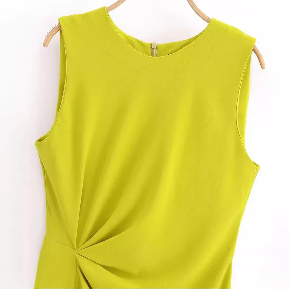 Women\'s Elegant Mustard Side Gathering Round Neck Back Zip Sleeveless Midi Dress Ruffle Dress Yellow Sleeveless Tank Dress