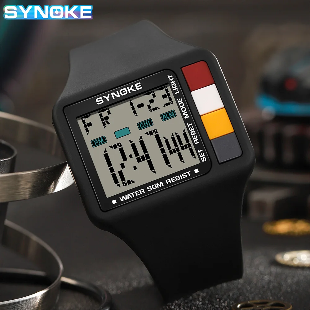 Synoke Digital Watch Men Sports Electronic Watch 5Bar Waterproof Light Large Screen Square Student Watch Outdoor Fashion Trend