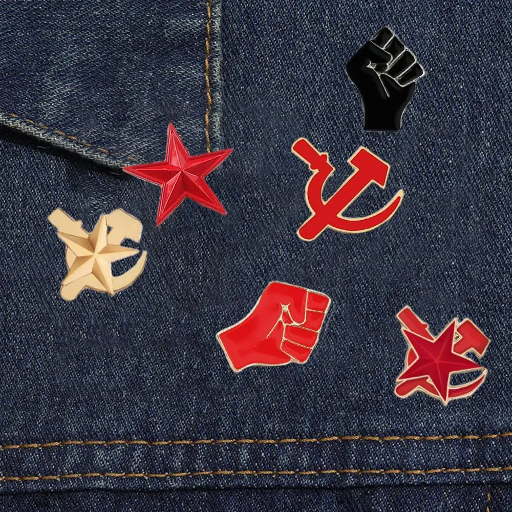 Defend The Revolution!Retro Brooches Soviet Red Army Fist of Solidarity Enamel Pins Star Sickle Hammer Badge Hat Uniform Jewelry