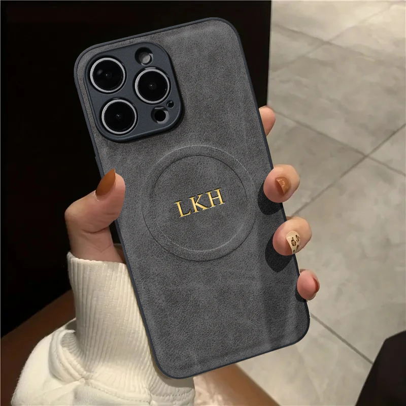 Personalized Customized Initials Name Case For iPhone 16 15 14 13 12 11 Pro Max Magnetic For Magsafe lambskin Leather Gift Cover