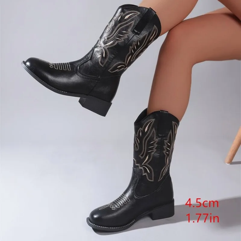 Women Mid-Calf Boots Retro Embroidered Western Cowboy Boot V-notch Design Knight Boots for Women Square Head Leather Casual Boot