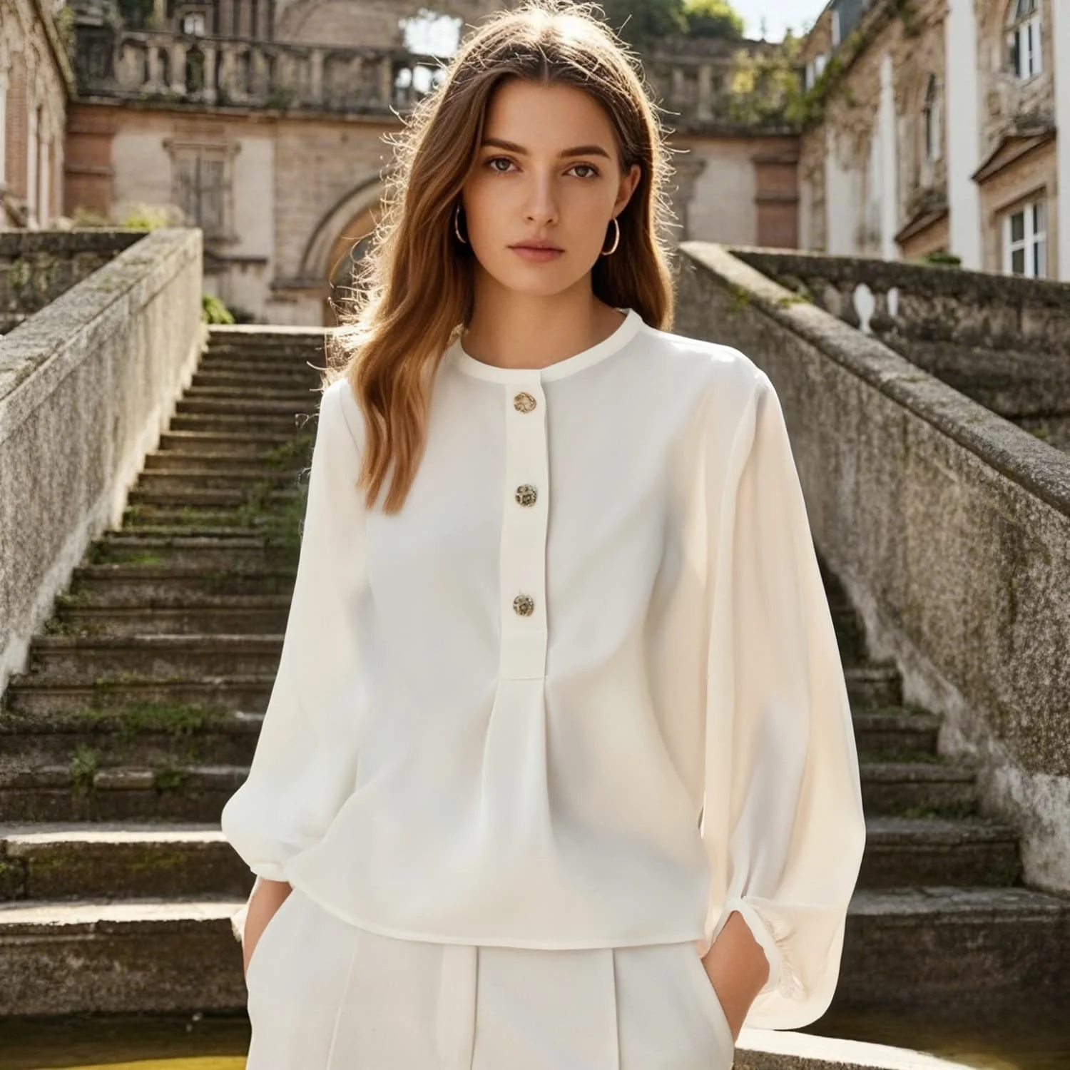 

Women's Long - sleeved Blouse Round Neckline with Decorative Buttons Puff Sleeves and Loose Fit for a Graceful Look