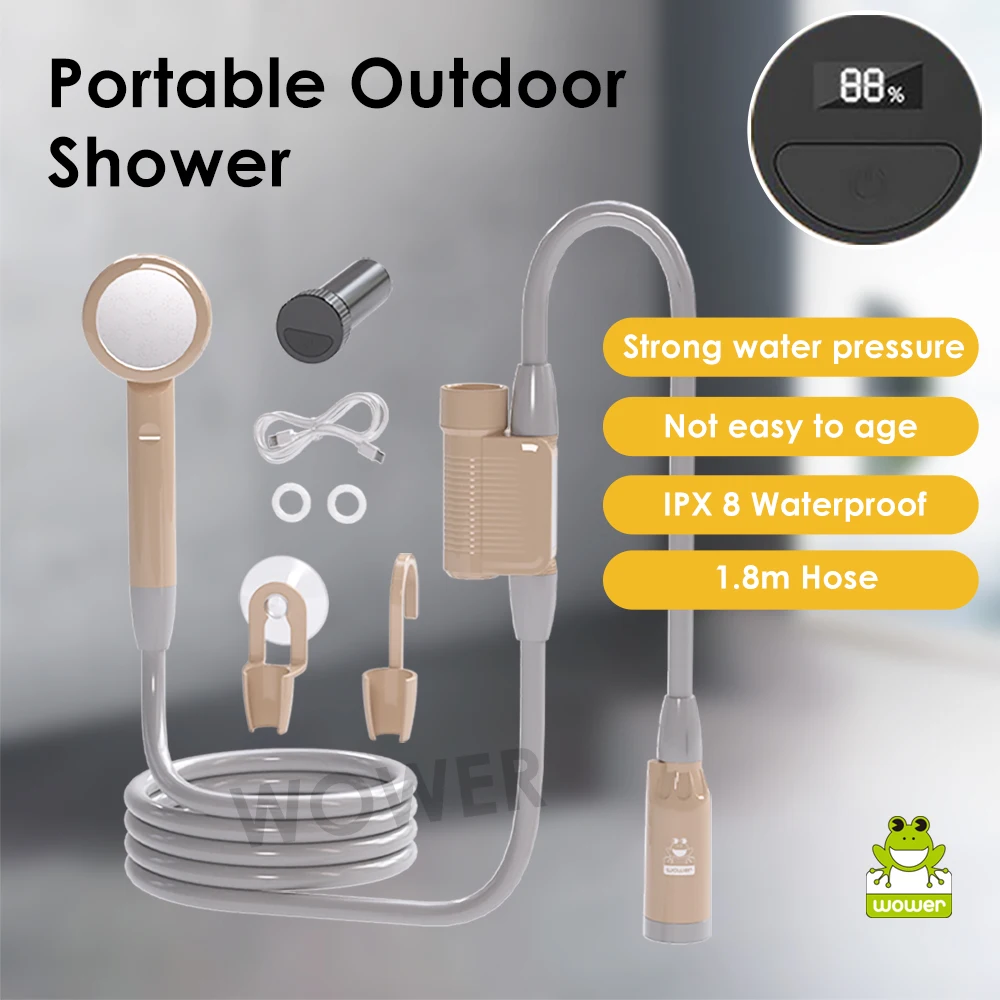 WOWER Portable Shower 2200mAh IPX8 Waterproof Electric shower with 2M hose Rechargeable Portable Shower for Camping Travel