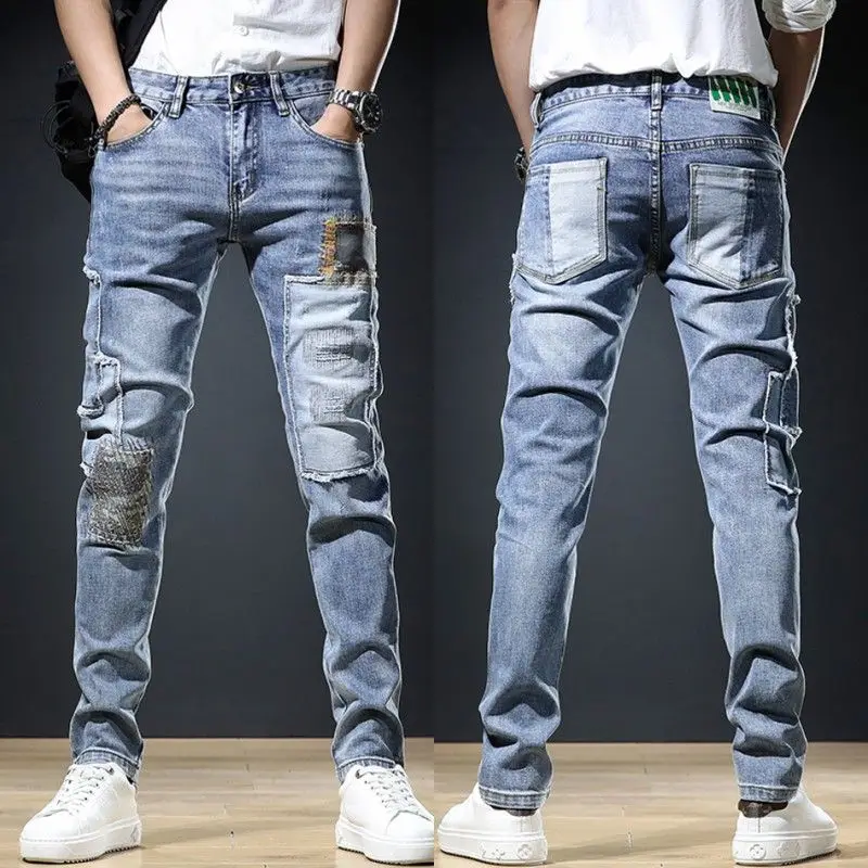 กางเกงยีนส์แบรนด์หรูสำหรับผู้ชาย ดีไซน์หล่อเท่ห์ สไตล์คาร์โก้ ประจำฤดูใบไม้ผลิ/ฤดูใบไม้ร่วง ปี 2025 เสื้อผ้าผู้ชายยอดนิยม กางเกงขายาวทำงาน