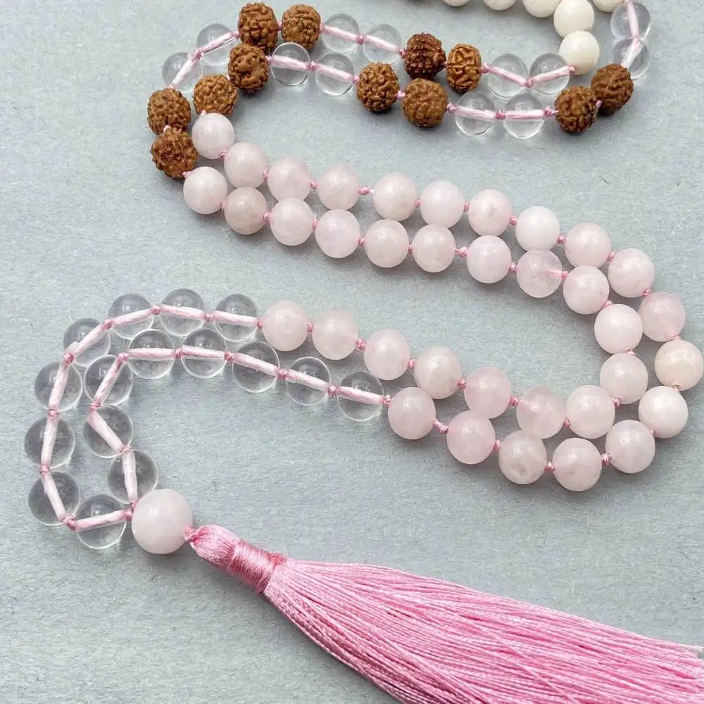 Natural Rose Quartz, Clear Quartz & Rudraksha 108 Mala Beads Necklace Love & Clarity Healing Crystal Jewelry view 3
