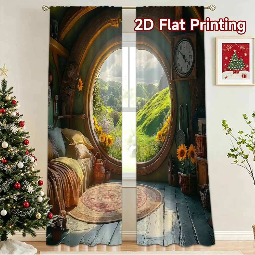 2D flat 2pcs Curtain Vintage drapes and curtains Cozy Round View Digitally printed polyester Festive Holiday for Entryway Room