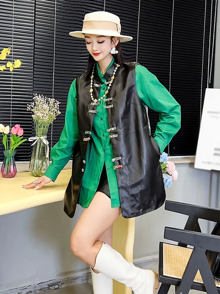 Vintage Print Patchwork Genuine Leather Long Vest Chinese Style Button Stand Collar Women Sleeveless Jacket Sheepskin Waistcoat