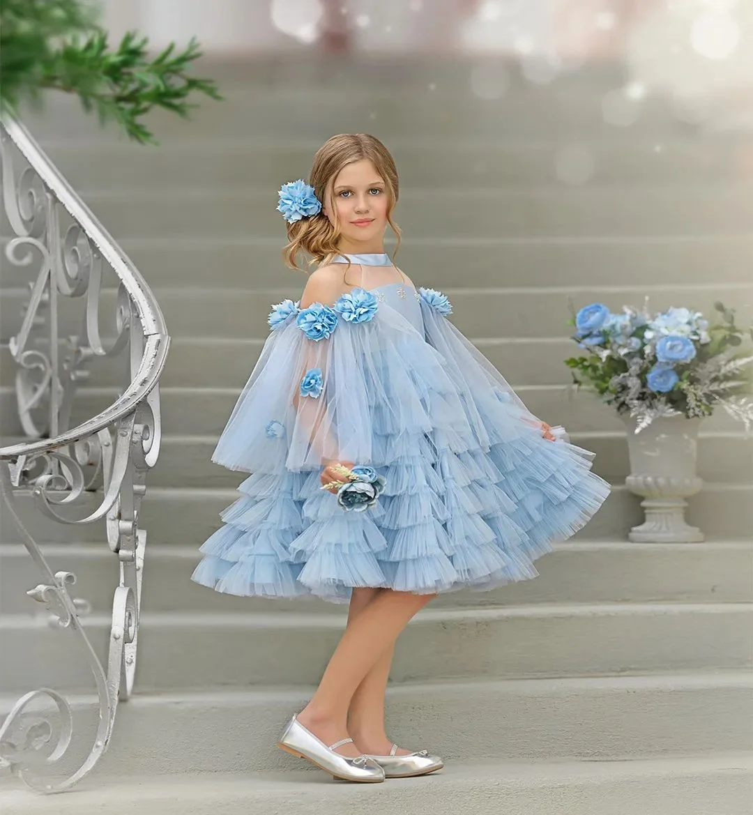 Vestido de niña de flores azul cielo para boda, apliques de tul con cuentas, vestidos de fiesta de cumpleaños eucarísticos de princesa para niños