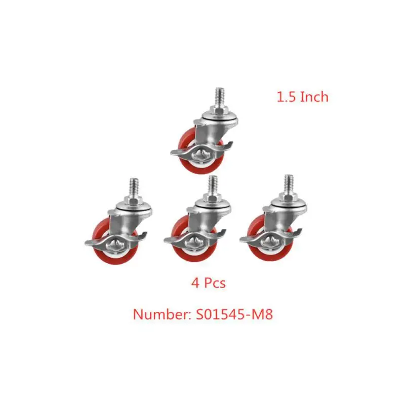 (4 Packs) Popular Casters 1.5 Inch Screw Brake Universal Wheel M8 Thread Red Pvc 38mm Diameter Silent Furniture