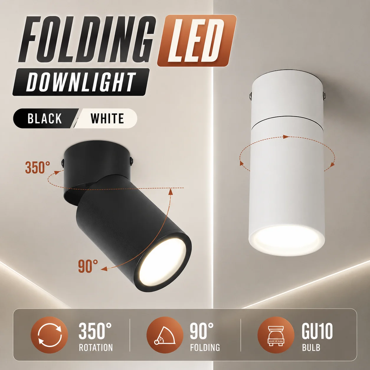 Foldable LED Spotlight Downlight 3 Colors Change Room 220v 7w/10/15w for Kitchen Bedroom Living Room Ceiling Lamp Home Indoor