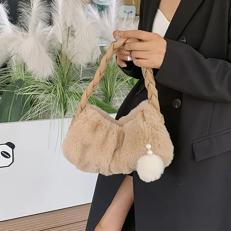 Fashion Fluffy Shoulder Bag Trendy Plush Underarm Bag Women's Casual Handbag & Hobo Purse for Winter Gift for Lover