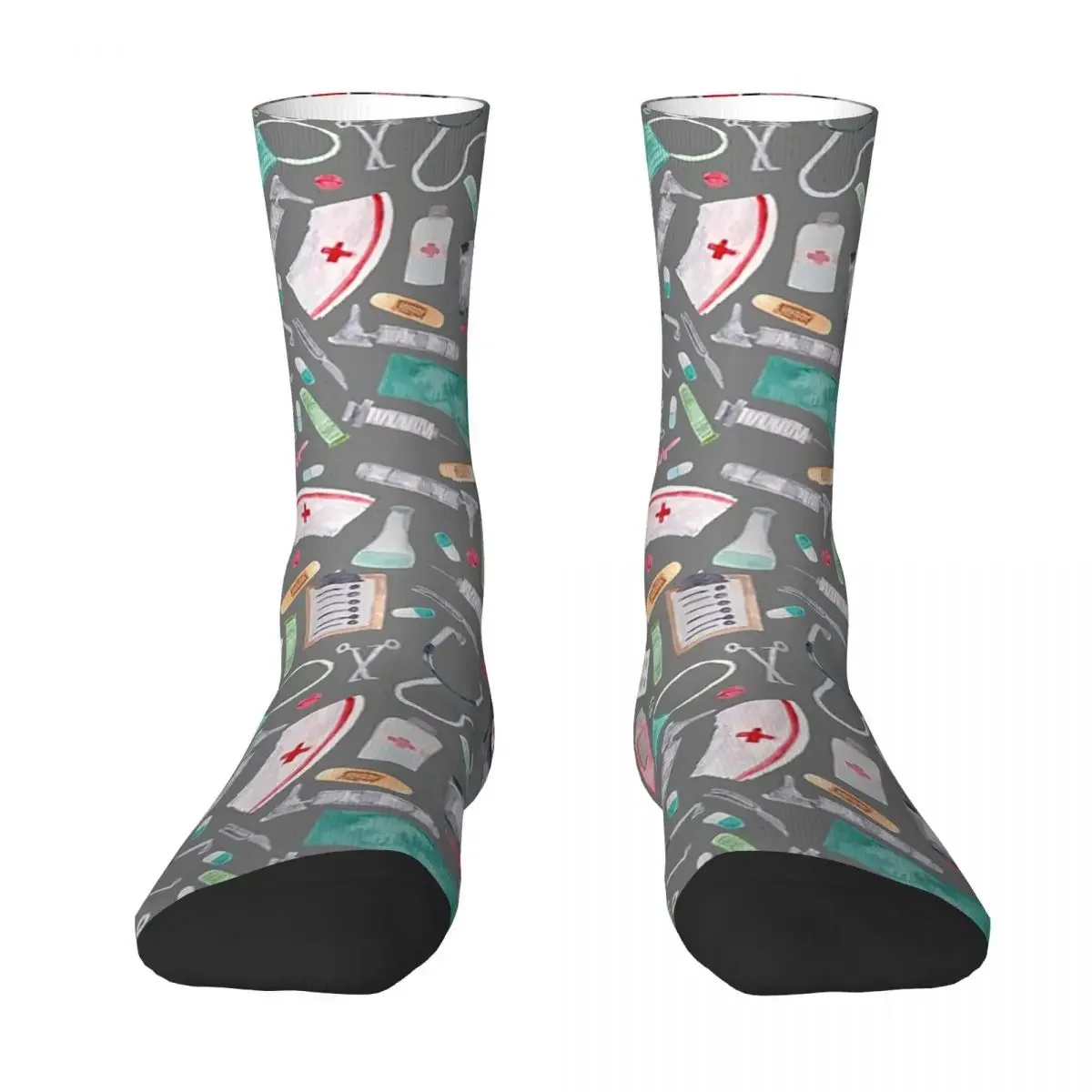 Medical Pattern Doctor Nurse Watercolor Grey Texture Socks Harajuku Super Soft Stockings All Season Long Socks Accessories