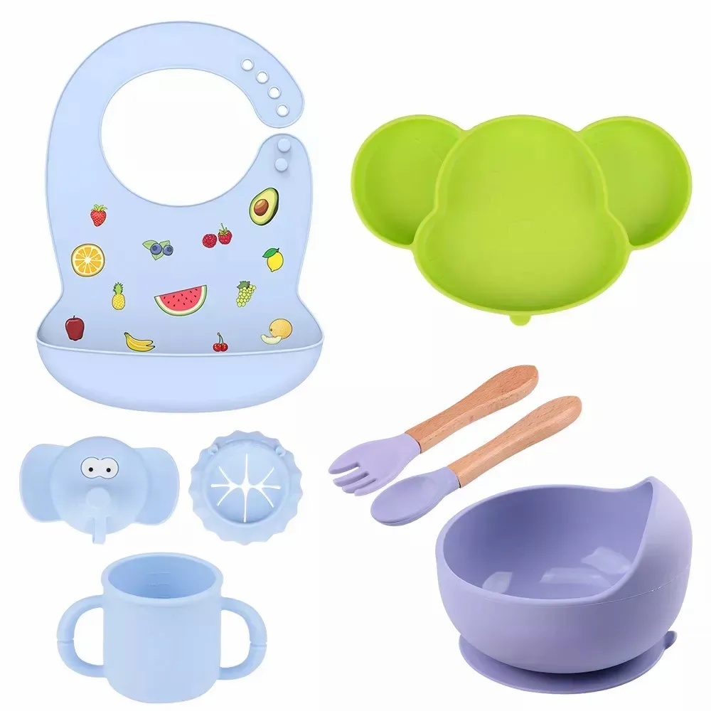 

4/8PCS Baby Silicone Dishes Suction Cartoon Soft Bibs Non-slip Children's Dishes BPA Free Bowl Plate Cup Spoon Fork Sets