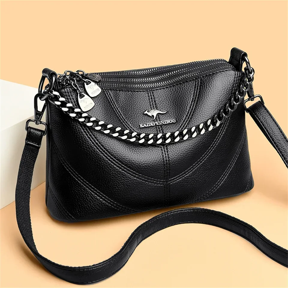 Women’s Dual-Strap Three-Layer Multi-Pocket Leather Handbag Fashion Crossbody Bag Versatile Lightweight Shoulder Bag