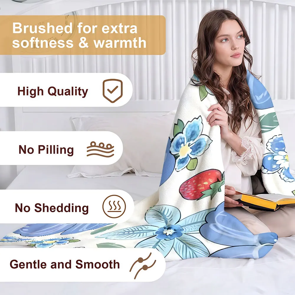 blue strawberry flower Soft Warm Flannel Blanket Lightweight Cozy Christmas Halloween Home Decor Room