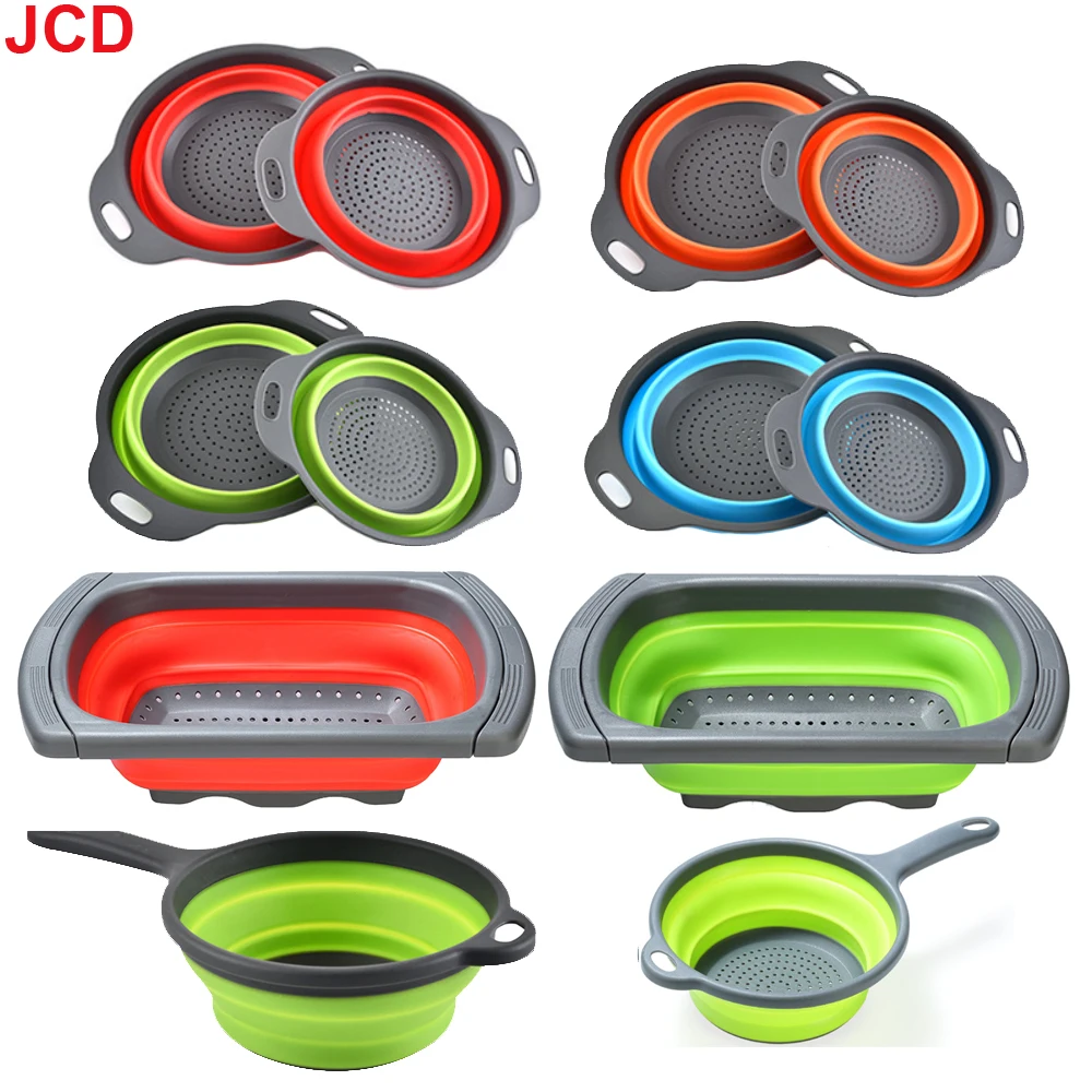 JCD 1pcs Fruit Vegetable Washing Basket Foldable Strainer Silicone Colander Dish Collapsible Drainer Filter Kitchen Storage Tool