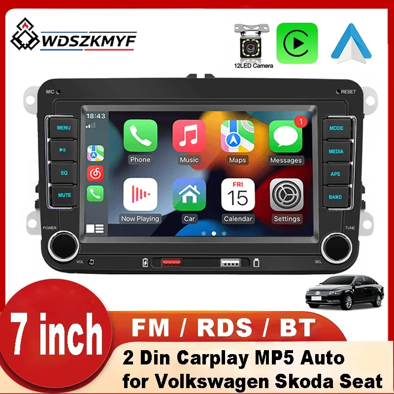 7" Double Din Car Head Unit Wireless CarPlay Android Auto FM RDS Car Multimedia Radio Player for Volkswagen Golf MK5 MK6 Polo