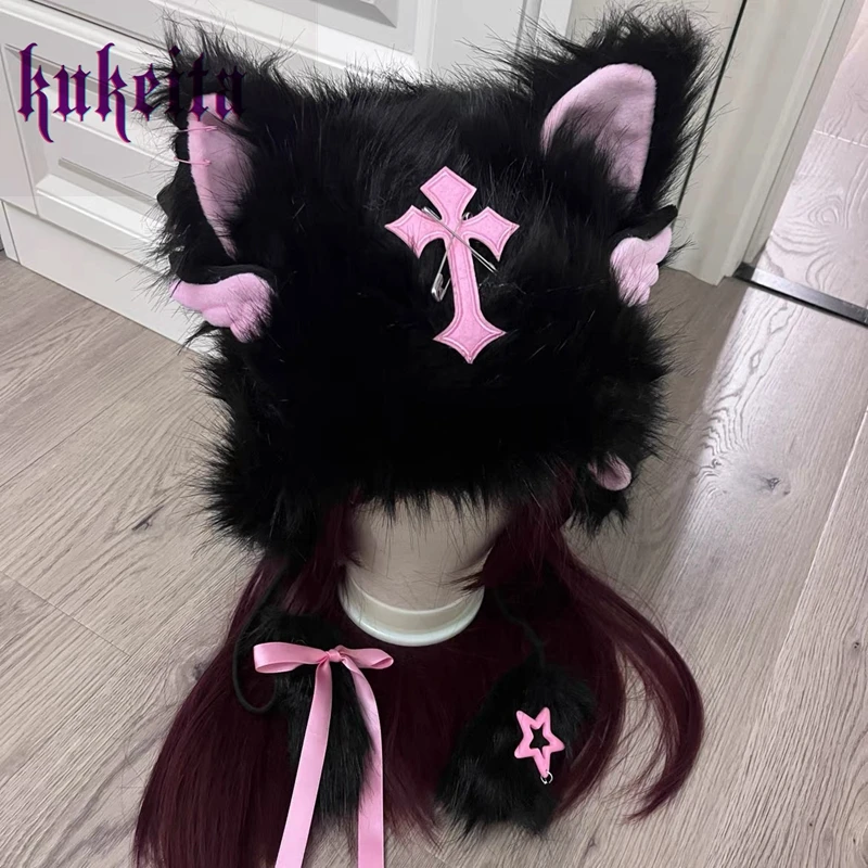 Kukeita Harajuku Gothic Cute Fluffy Plush Faux Fur Cat Ear Hat Y2k Punk Women Winter Windproof Ear Protection Warm Beanie Caps