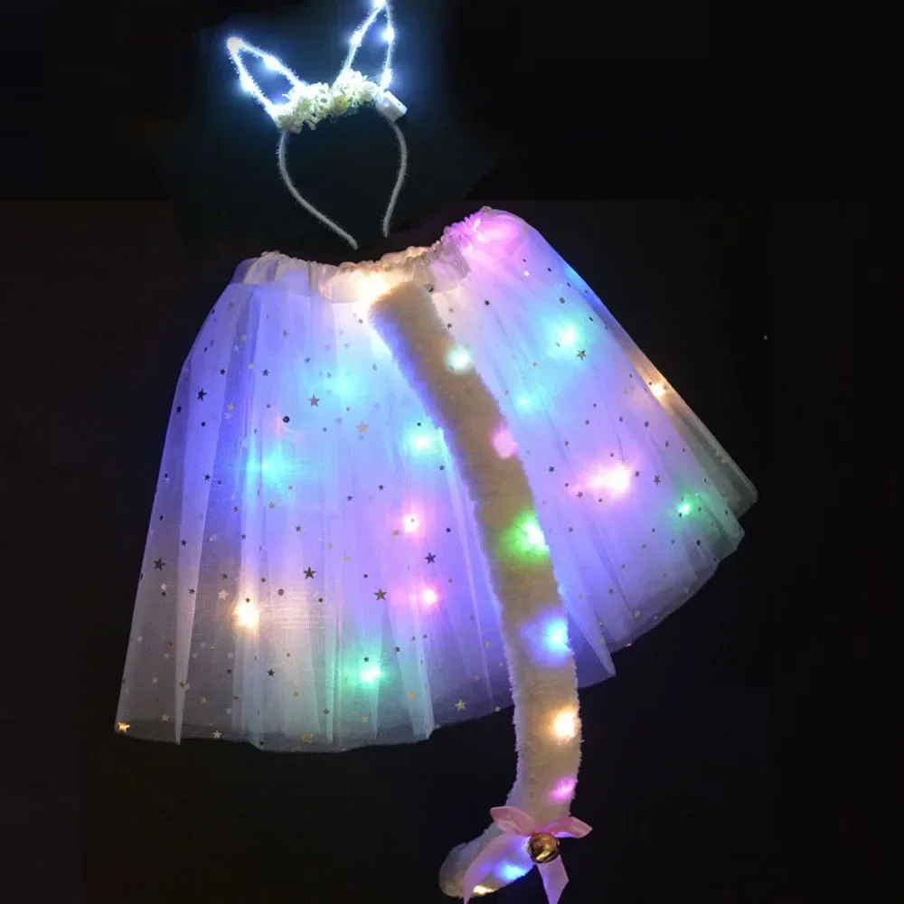 Women Girl LED Light Up Cat Bunny Animal Ear Fox Tail Tutu Skirt Fairy Costumes Party Birthday Halloween Christmas Festival