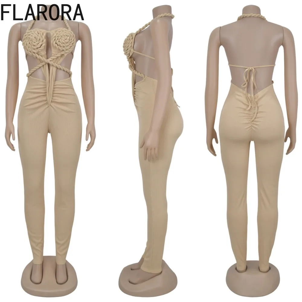 FLARORA Sexy Halter Knit Jumpsuits Woman Hollow Out Backless Sleeveless Ruched Skinny One Piece Overalls Summer Beach Jumpsuit