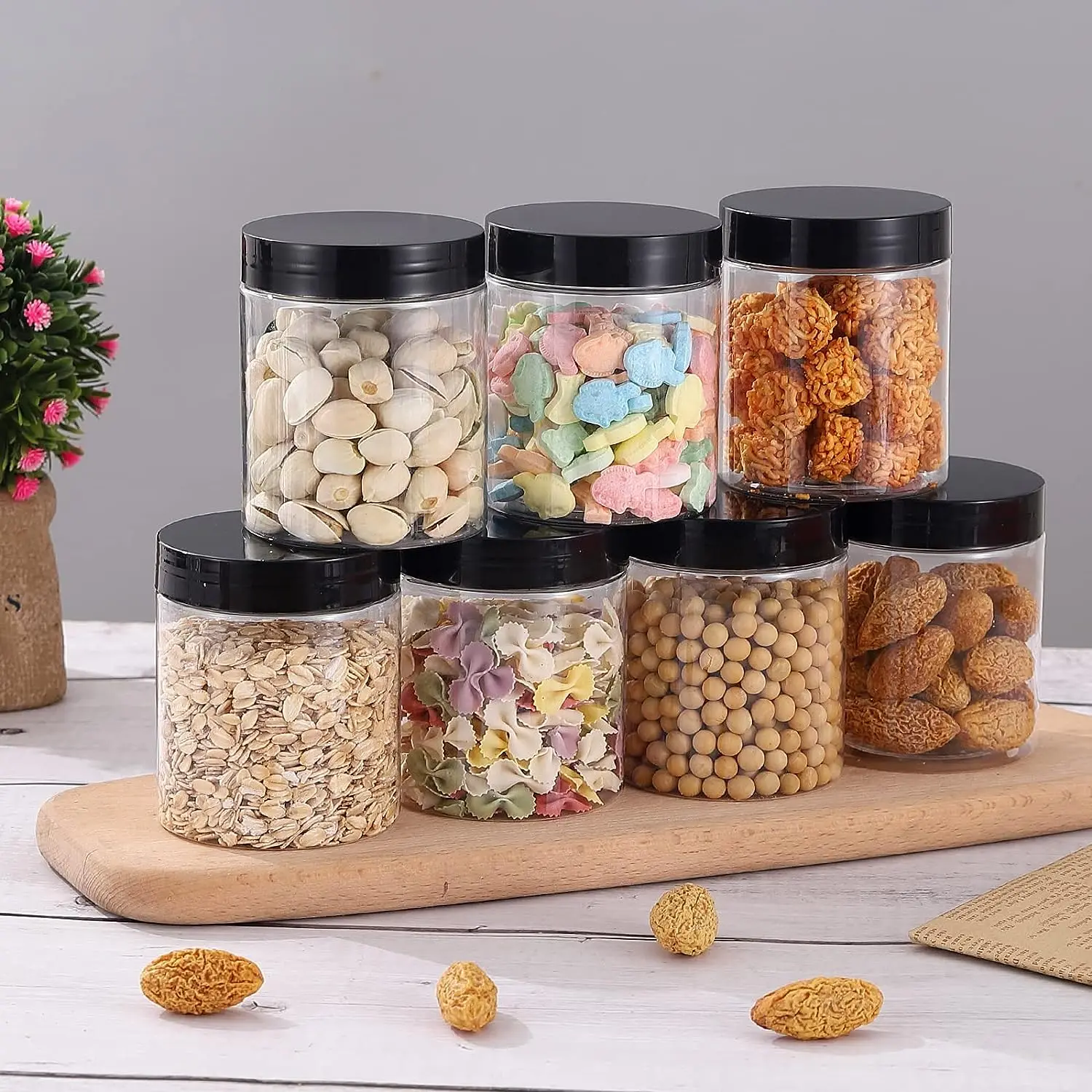 8 Oz Clear Plastic Jars with Black Lids Refillable Kitchen Storage Containers for Dry Food, Coffee, Nuts and More, 6 Pack