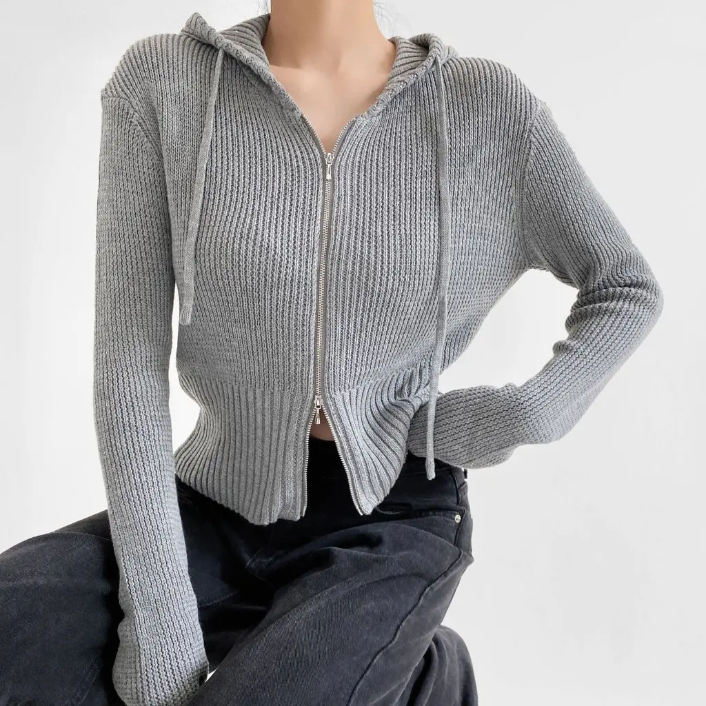 

Elegant American-Style Hooded Zipper Knitwear Slim-fit Long-Sleeved Sweater Design for Autumn Fashionable Jacket