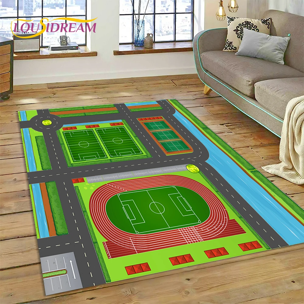 City Traffic Road Map Runway Child PlayMat Highway Playroom Area Rug,Carpet Rug for Living Room Bedroom Sofa Doormat, Non-slip