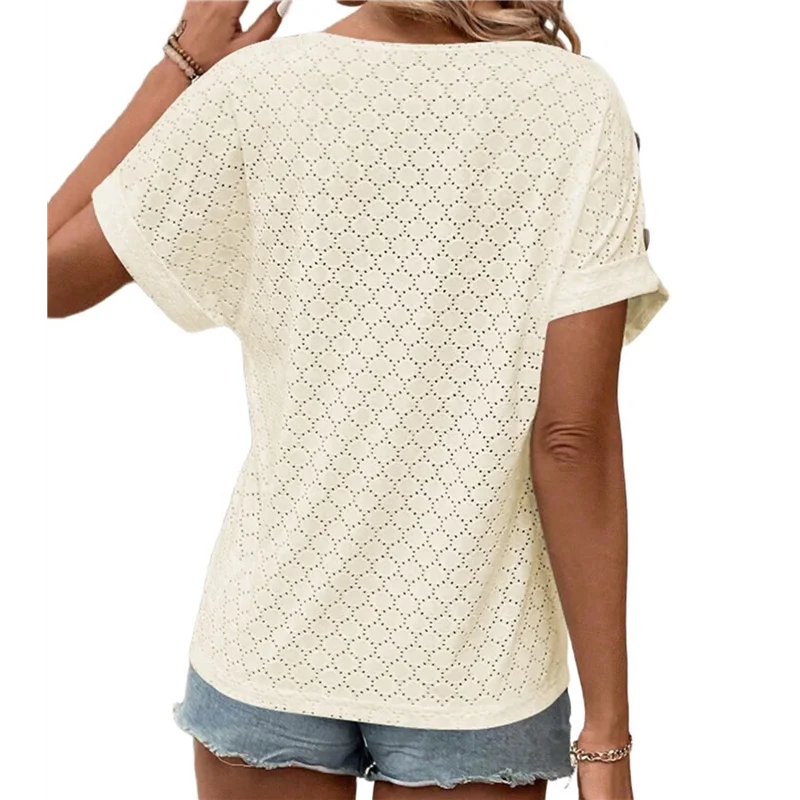 

CYL-Women Eyelet Embroidery T-Shirt Womens Summer Casual V Neck Tee Fashion Loose Blouse